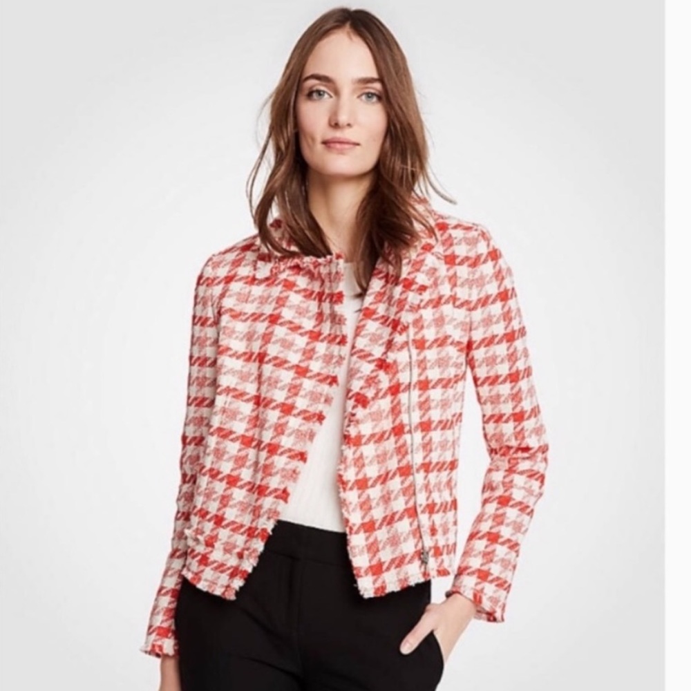 Ann Taylor red and white houndstooth Moto jacket